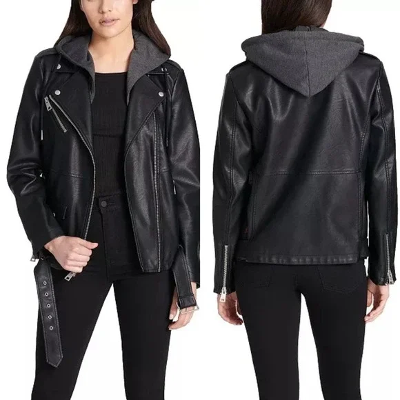 Levi Strauss & Co. Black Faux Leather Moto Jacket Gray Hoodie Womens Medium NEW - Picture 1 of 16